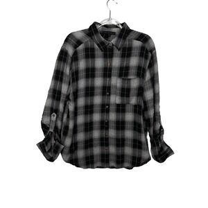 Jane + Delancey Plaid Button Down Shirt Womens L Black Grey Tab Sleeve